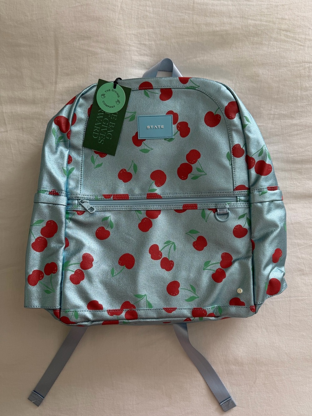 STATE Bags Kane Double Pocket Large Backpack- Metallic Blue Cherries